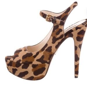 Prada Pony Hair Leopard Print Peep Toe Platform Heels